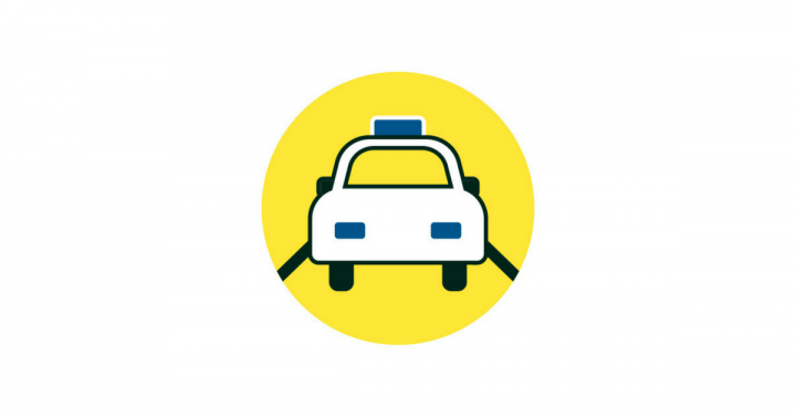 A graphic of a taxi driving on a road, with a yellow background.