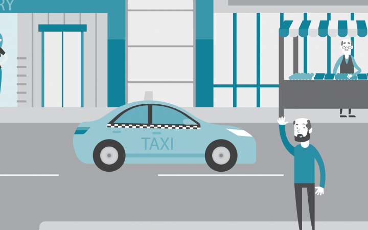Cartoon image of a man hailing a taxi