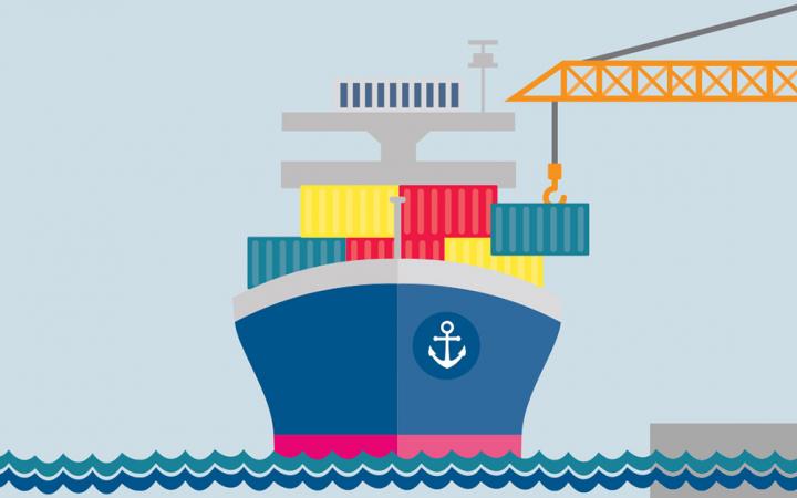 Cartoon image of a container ship being loaded at a port