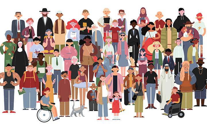 A cartoon image of a group of people with diverse backgrounds and abilities